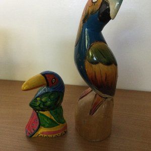 Two hand painted parrot figurines 8" & 4" tall wood and ceramic standing parrots